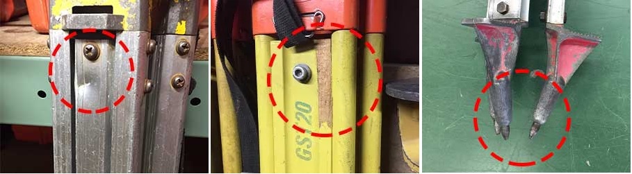 へこみやつぶれ、ねじのさびなどが発生している三脚の写真